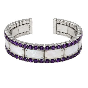 Bracelet - Silver Tone Cuff Bracelet with Purple Stones and Faux Pearls - ML3714