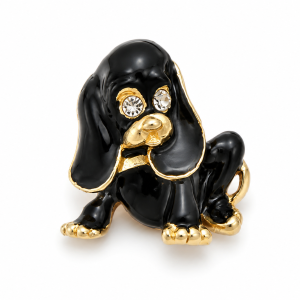 Brooch - Gold Tone Black Basset Hound with Rhinestone Eyes - ML3738