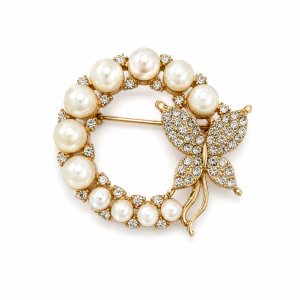 Brooch - Gold TOne Butterfly Brooch with faux pearls Surrounded by Clear Stones - ML3742