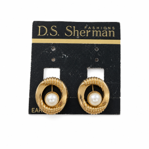 Earrings - Gold Tone Signed D.S Sherman with Centre Faux Pearl and Ribbed Circular Design - ML3743
