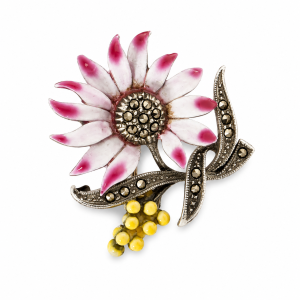 Brooch - Silver Tone Floral Brooch with Marcasite Design and Clear Stones - ML3746