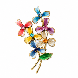 Brooch - Gold Tone Floral Bouquet Brooch with Multi-coloured Stones - ML3747
