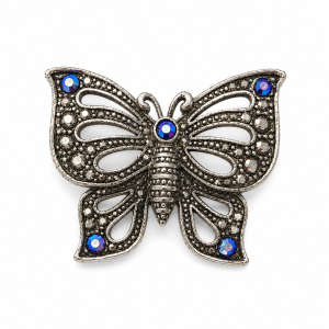 Brooch. Silver tone Marcasite butterfly with blue stones - ML3749