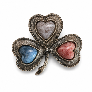 Brooch - Silver T lucky clover motif with heart shaped gemstone Cabochons - ML3755