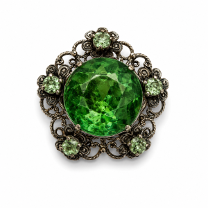 Brooch - Vintage Silver Tone Filigree Design Brooch with Green Stones - ML3756