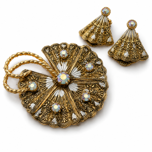 Brooch and Earring Set - Gold Tone Fan Style Set with Blue Gemstones - ML3757