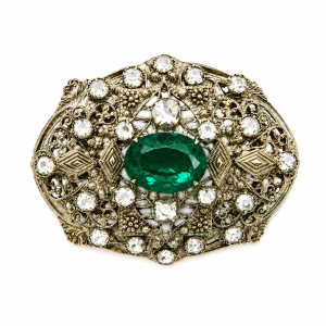 Brooch - Gold Tone Filigree Design Brooch with Centre Green STone and Clear Stones - ML3759