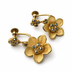Earrings - Gold Tone Floral Earrings with Clear Gemstones - ML3764