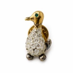 Pin - Gold Tone Duck Design Pin with Green and Clear Gemstones - ML3765