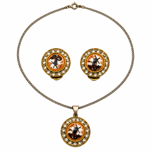 Necklace and Earrings Set - Gold Tone Dutch Windmill Design with Clear Stones - ML3784
