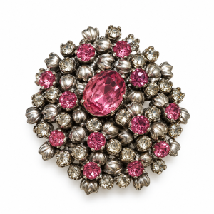 Brooch - Silver Tone Floral Brooch with Pink and Clear Stones - ML3788