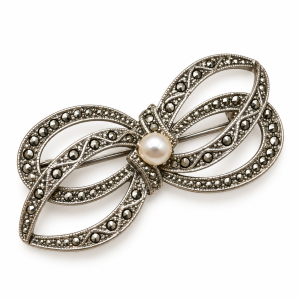 Brooch - Silver Tone Bow Brooch with Marcasite Design and Centre Faux Pearl - ML3789