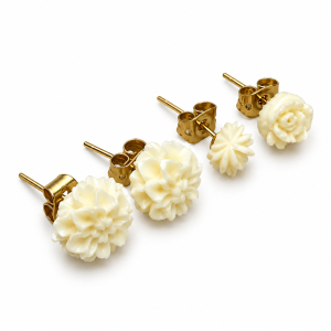 Earrings - 2 x Gold Tone White Carved Rose Flower Stud Earrings - ML3791