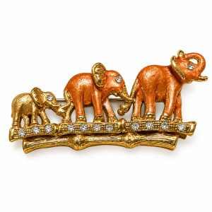 Brooch - Gold Tone Elephant Family Brooch with Enameled Elephants and Clear Stones - ML3792