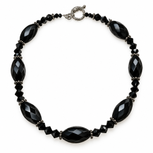 Necklace - Silver Tone Black Beaded Necklace with Alternating Oval and Crystal Cut Beads - ML3794