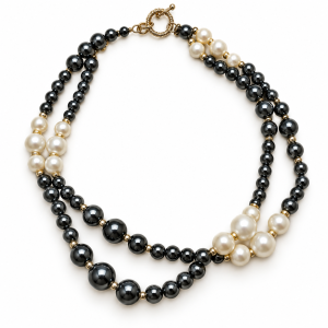 Necklace - Silver Tone Beaded Necklace with Metallic and White Faux Pearl Beads - ML3795