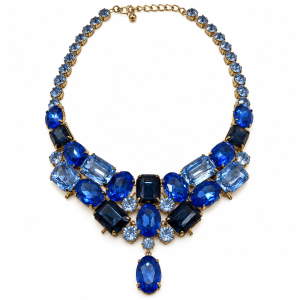 Necklace - Gold Tone Blue Rhinestone Bib Style Necklace with Multi-Faceted Stones - ML3797