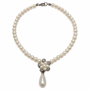 Necklace - Silver Tone Faux Pearl Necklace with Crystal Flower Cluster and Teardrop Pendant - ML3798