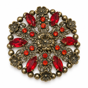 Brooch - Brass Tone Filigree Design Floral Brooch with Red Centre Stones - ML3801